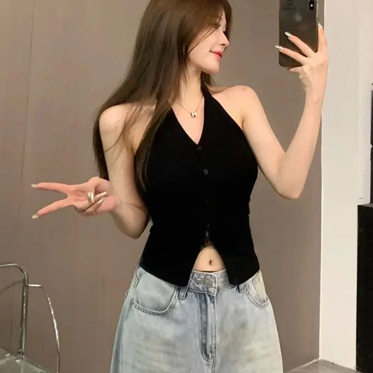 Sexy Spicy Girl Pure Color Design V-Ne Hanging Ne Vest Women's Summer Slim ort Matched with Chest Pad Top