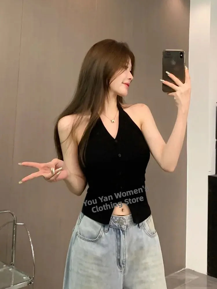 Sexy Spicy Girl Pure Color Design V-Ne Hanging Ne Vest Women's Summer Slim ort Matched with Chest Pad Top