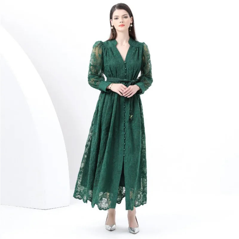 Luxury High-end Women Clothing Dress Spring Fitted Waist Embroidery V-neck Bell Sleeves Long Sleeves Single-breasted Long Dress