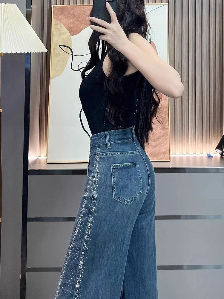 Hot Diamond Jeans For Women Fashion Hot Girls High Waisted Loose Flared Pants Autumn Retro Casual Commuting Wide Leg Trousers