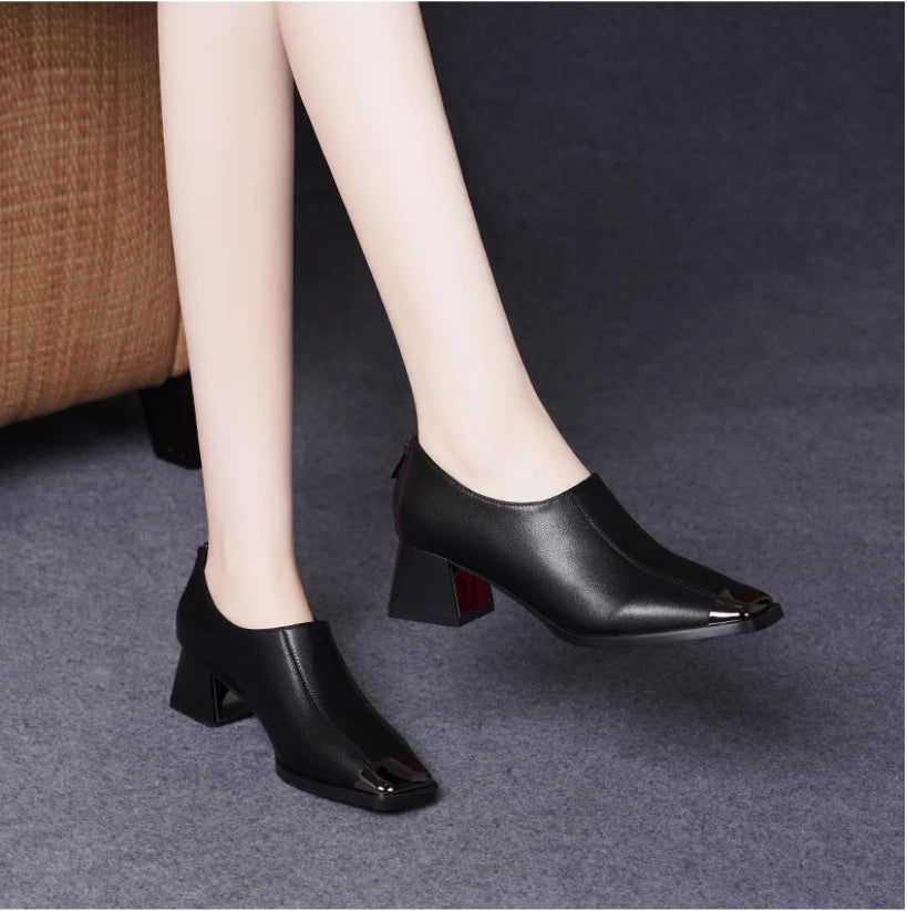 Deep mouth single shoe women's thick heel genuine leather middle heel women's soft leather soft sole square toe leather shoes