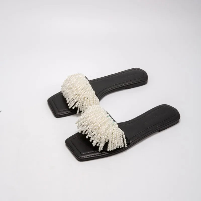 2025 Handmade Pearls Open Toe Flat Heels, Elegant Dress Woman Outdoor Fashion Casual Party Beach Slippers Slideshow