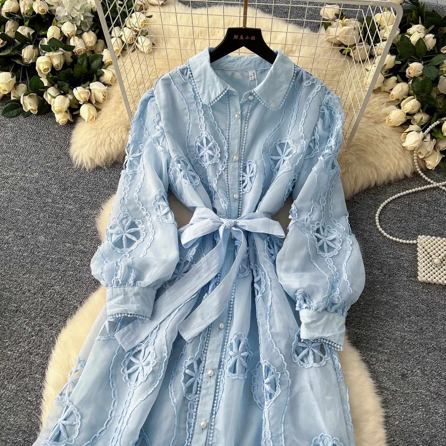 Elegant Embroidery Vintage Lantern Sleeves Lapel Single Breasted Chic Bandage Slim Long Dresses Women High Street Clothing