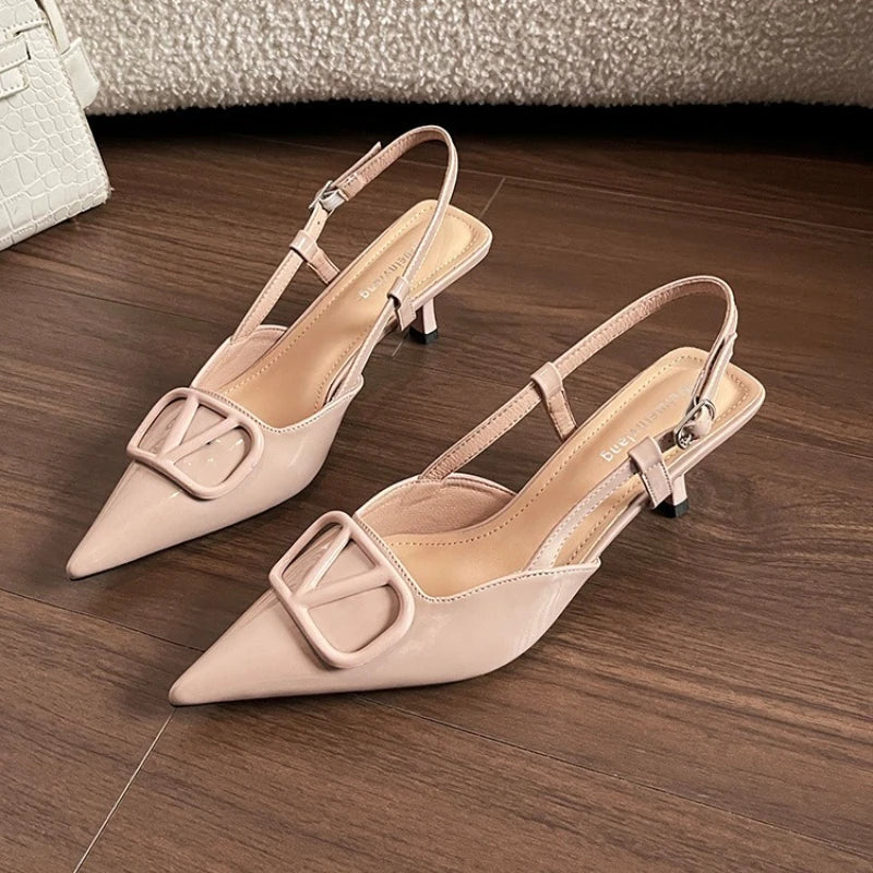 2025 Summer New 41-42 Large Size French Sandals Women's V Buckle Pointed Stilettos, Rear Empty Skirt High Heels