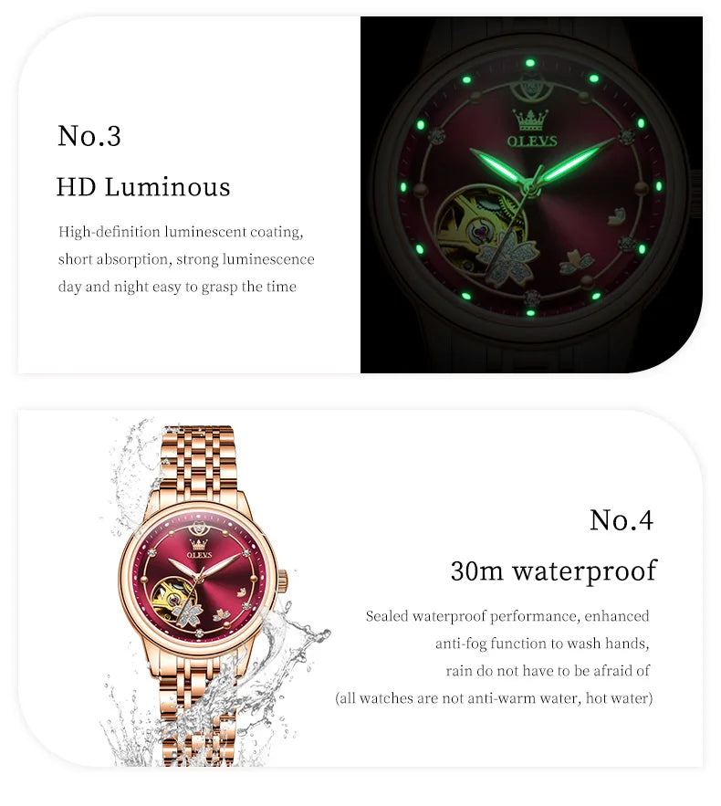 OLEVS Original Rhinestone Flower Design Watch Women's Luxury Rose Gold Watch Wine Red Automatic Mechanical Watch Birthday Gift