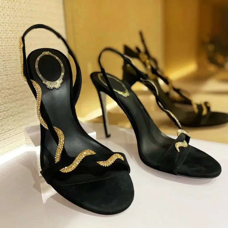 2025 Female New Serpentine Line With Fine Heel French Sandals Female Summer Drill Side Empty Sexy Open-Toed High Heels