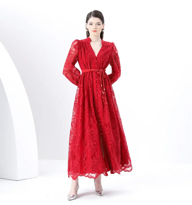 Luxury High-end Women Clothing Dress Spring Fitted Waist Embroidery V-neck Bell Sleeves Long Sleeves Single-breasted Long Dress