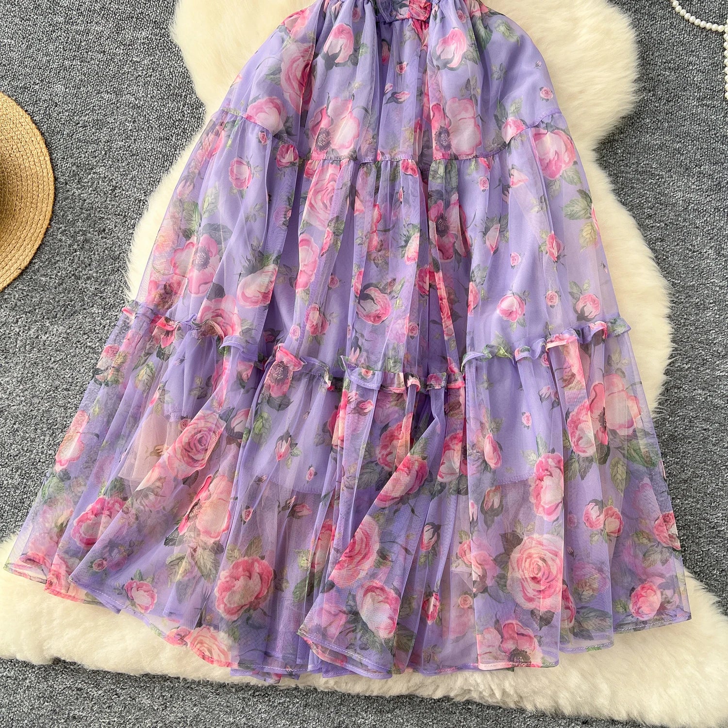 Retro Floral Chiffon Dr Women's Waist Cinched One oulder Bubble Sve Me Skirt Commute Korean Sle High Waist A-Line...