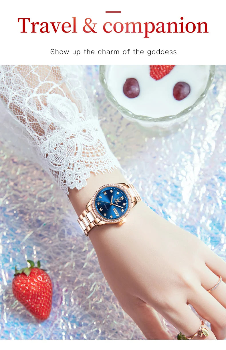 OLEVS Fashion Women Mechanical Watches Luxury Diamond Ceramic Strap Waterproof Luminous Week Calendar Automatic Watch For Women