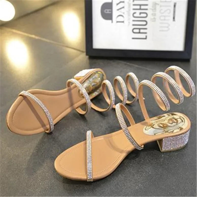 Summer Fashio 4CM Thick Heel Gladiator Sandals Women Flat Sandals Snake Punk Rhinestone Women Sandals Wedding Shoes