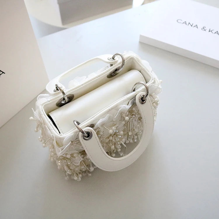 Sea Fairy Tassel Flower Bag 2024 Summer New Shoulder Crossbody All Western Style White Women's Bag Princess Bag Cute Banquet Bag