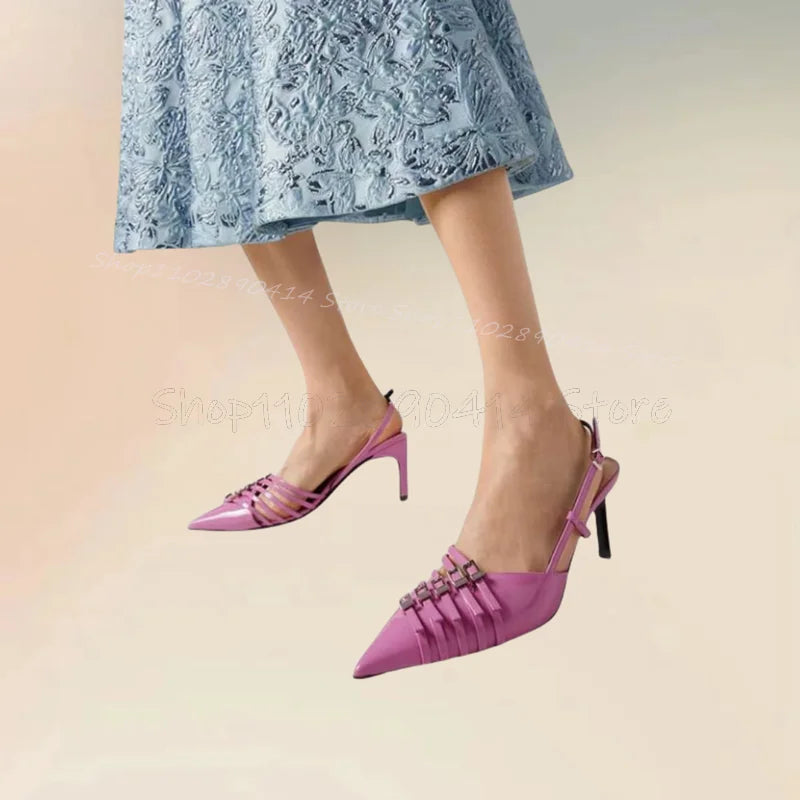 Pink Buckle Decor Hollow Cut Heel Pointed Toe Pumps Buckle Strap Women Shoes Thin High Heels Fashion 2025 Zapatos Para Mujere