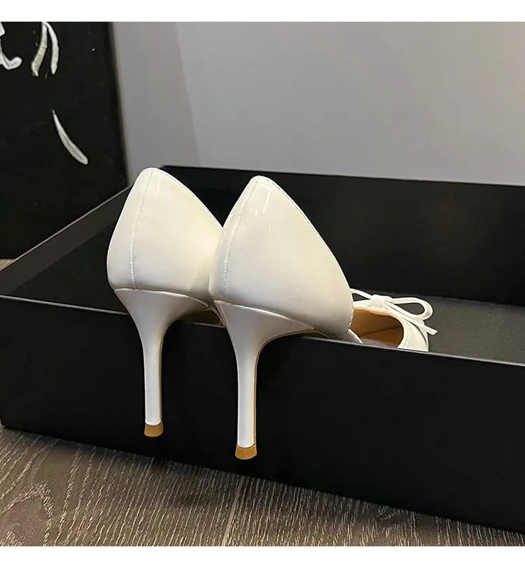 New Autumn Patent Leather Nude High Heels Thin Heel Pointed Bow Korean Version Summer Senior Feeling Hollow Female Pumps