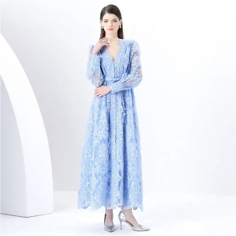 Luxury High-end Women Clothing Dress Spring Fitted Waist Embroidery V-neck Bell Sleeves Long Sleeves Single-breasted Long Dress