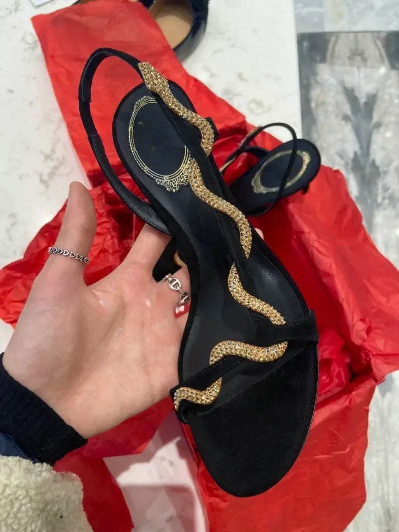 2025 Female New Serpentine Line With Fine Heel French Sandals Female Summer Drill Side Empty Sexy Open-Toed High Heels