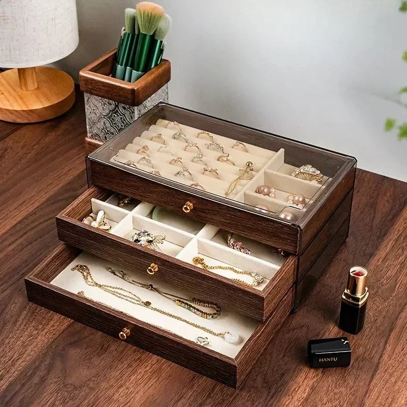 Multi-layer Wooden Jewelry Box Transparent Window Rings Necklace Jewelry Storage Case Organizer Bracelet Earrings