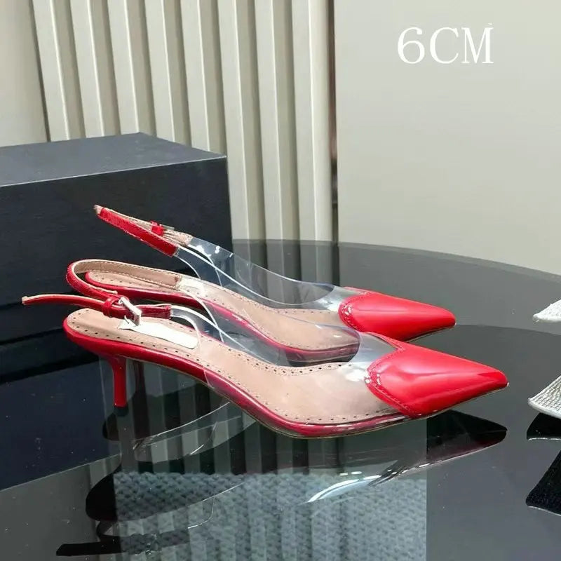 2025 European Summer New Women'S Sandals Pointy Thin Heels High Heels Back Empty Head Transparent Film Fashion Women'S Pumps