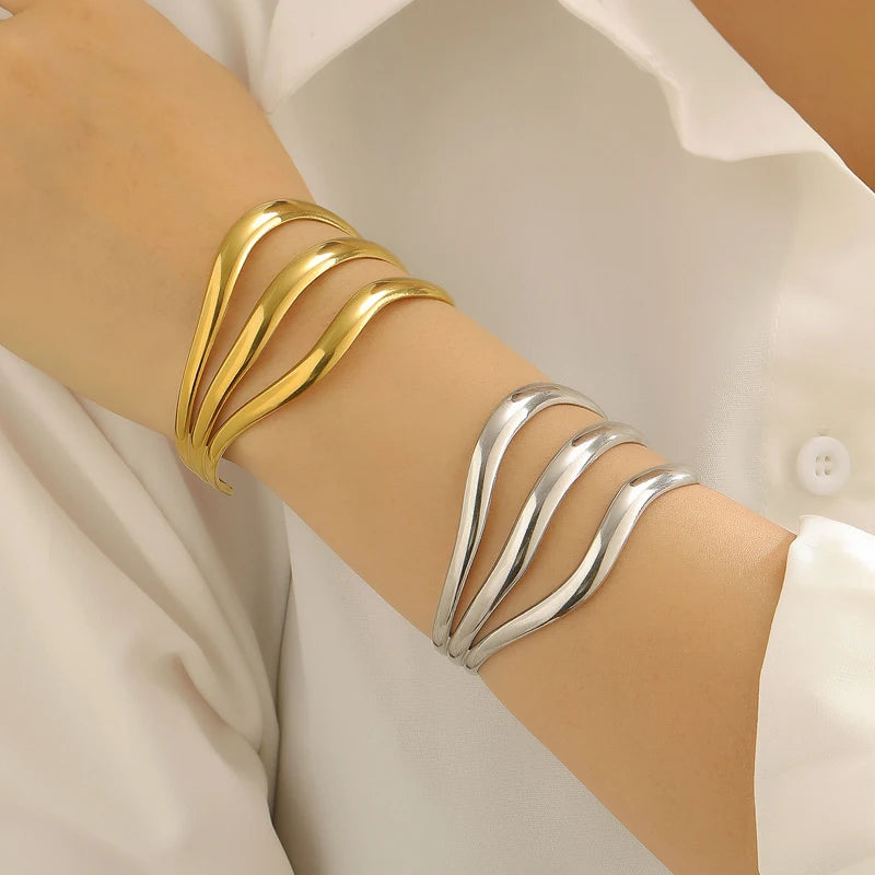 Stainless Steel Multi-Layer Wave Open Bracelet Rings Set for Women Simple Metal Twisted Lines Hand Chain Fashion Banquet Jewelry