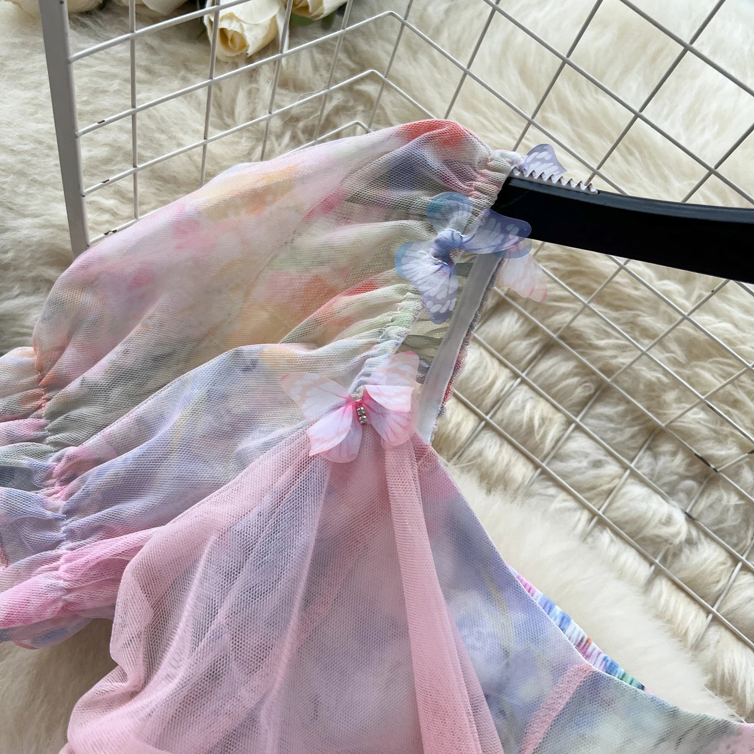 2025 French Fairycore 3D Butterfly Chic Dress Spaghetti Strap Sleeveless Print Design Summer Fashion Vacation Mesh Long Dress