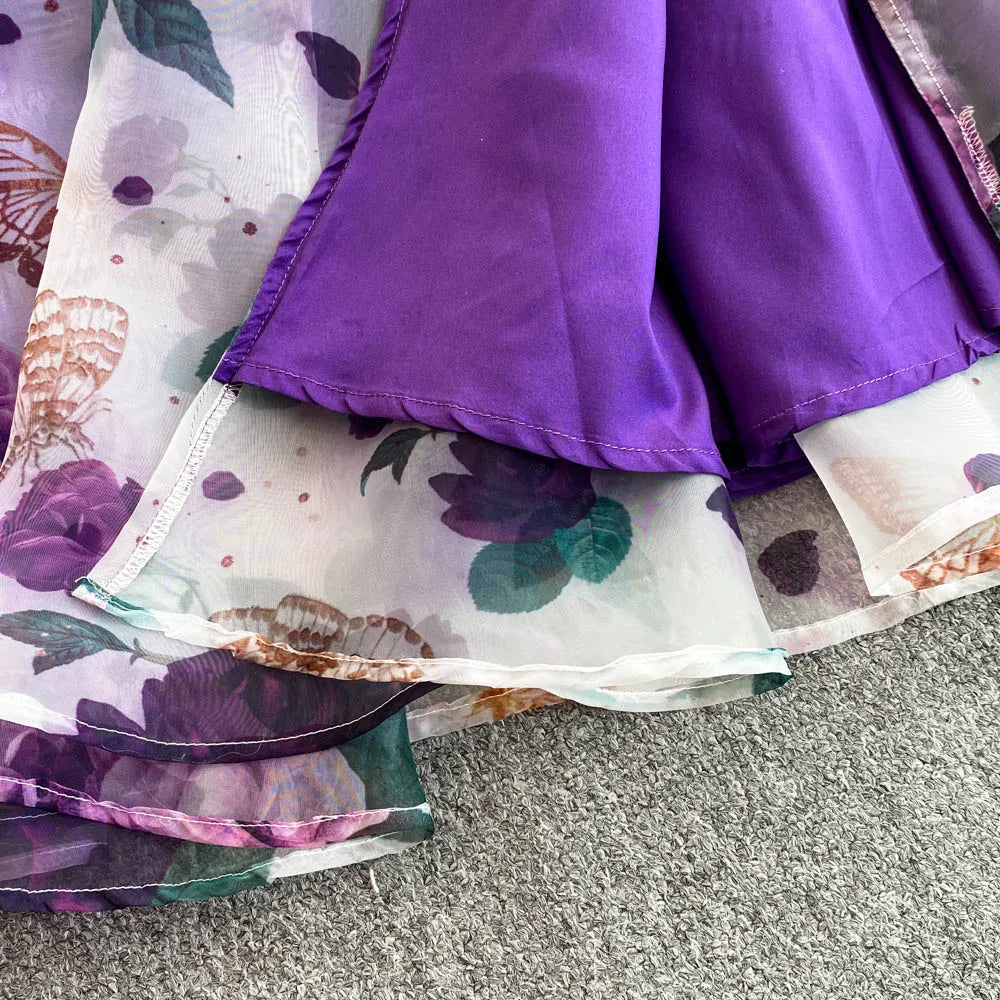 American Chic Maxi Dress for Women Floral Printed Skew Collar Sleeveless Female Dresses A-line Evening Club Vestidos Dropship