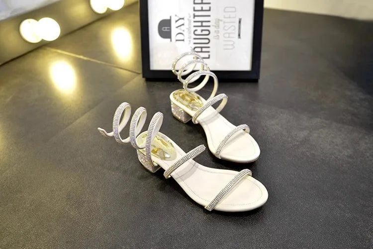 Summer Fashio 4CM Thick Heel Gladiator Sandals Women Flat Sandals Snake Punk Rhinestone Women Sandals Wedding Shoes