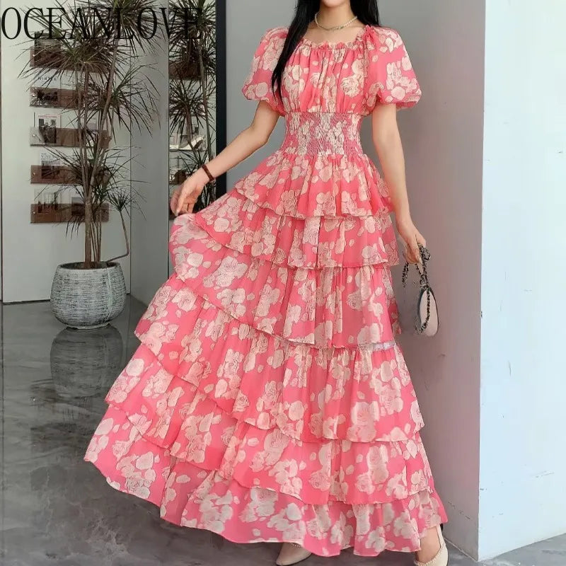 OCEANLOVE Women Dresses Puff Sleeve Print Floral Beach Style Elegant Vestidos Mujer Spring Summer Fashion A-line Long Dress