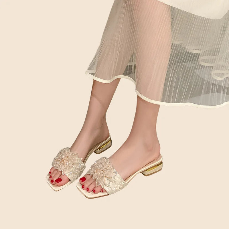 Women's Lightweight Summer Satin Gladiator Sandals and Slippers Beautiful Thick-Heeled Lace and Wedge Design