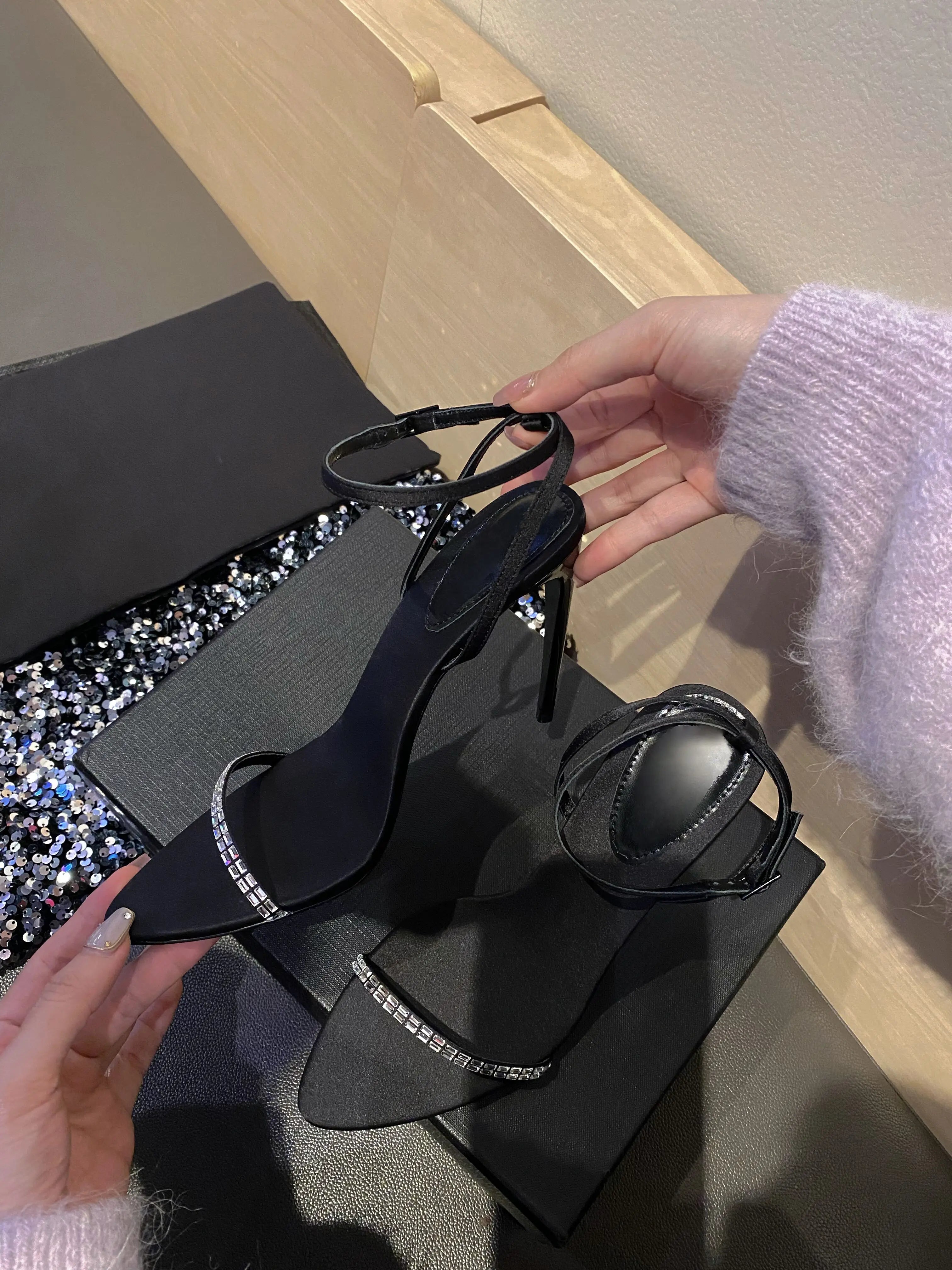 2025 Summer New Line With Rhine-Diamond Sexy Sandals Women'S Pointed Open Toe Slim Heel Beautiful Black High Heels