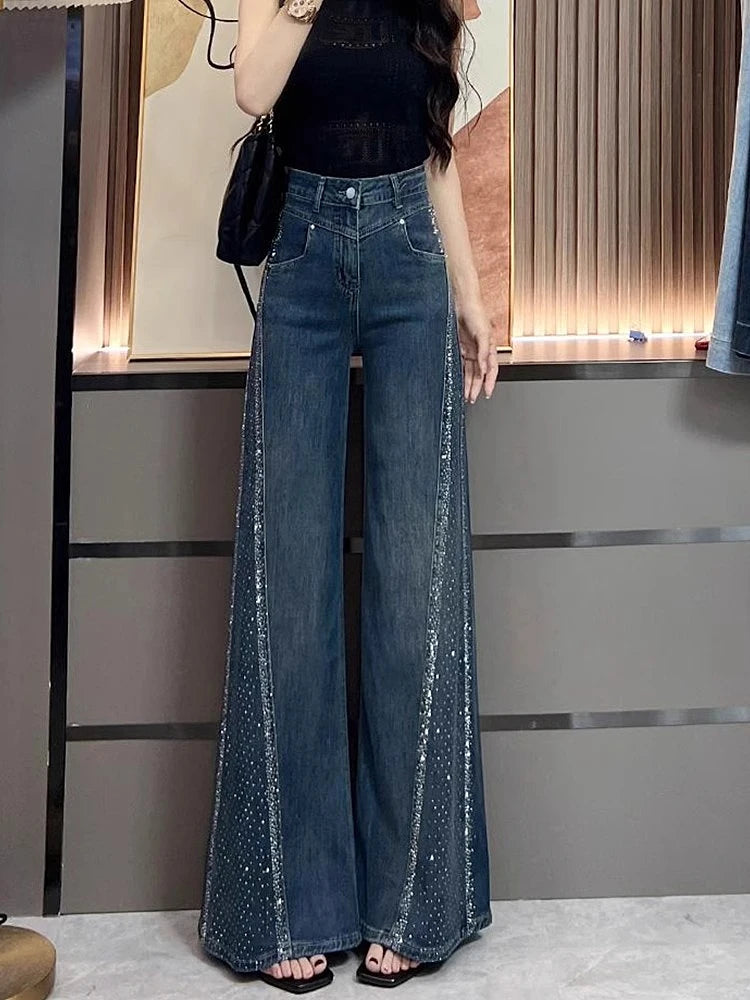 Hot Diamond Jeans For Women Fashion Hot Girls High Waisted Loose Flared Pants Autumn Retro Casual Commuting Wide Leg Trousers