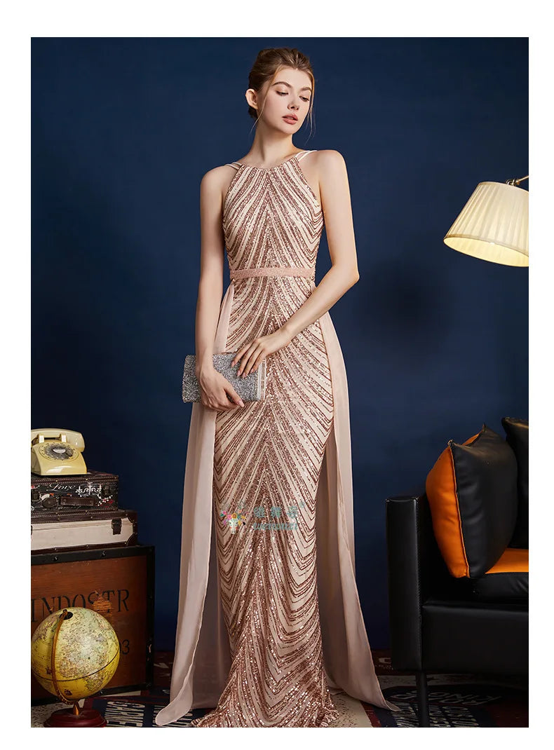 Chic High Sleeveless Sexy Backless Beading Sequined Mermaid Formal Evening Dresses Birthday Party Prom Gowns Elegant Luxury