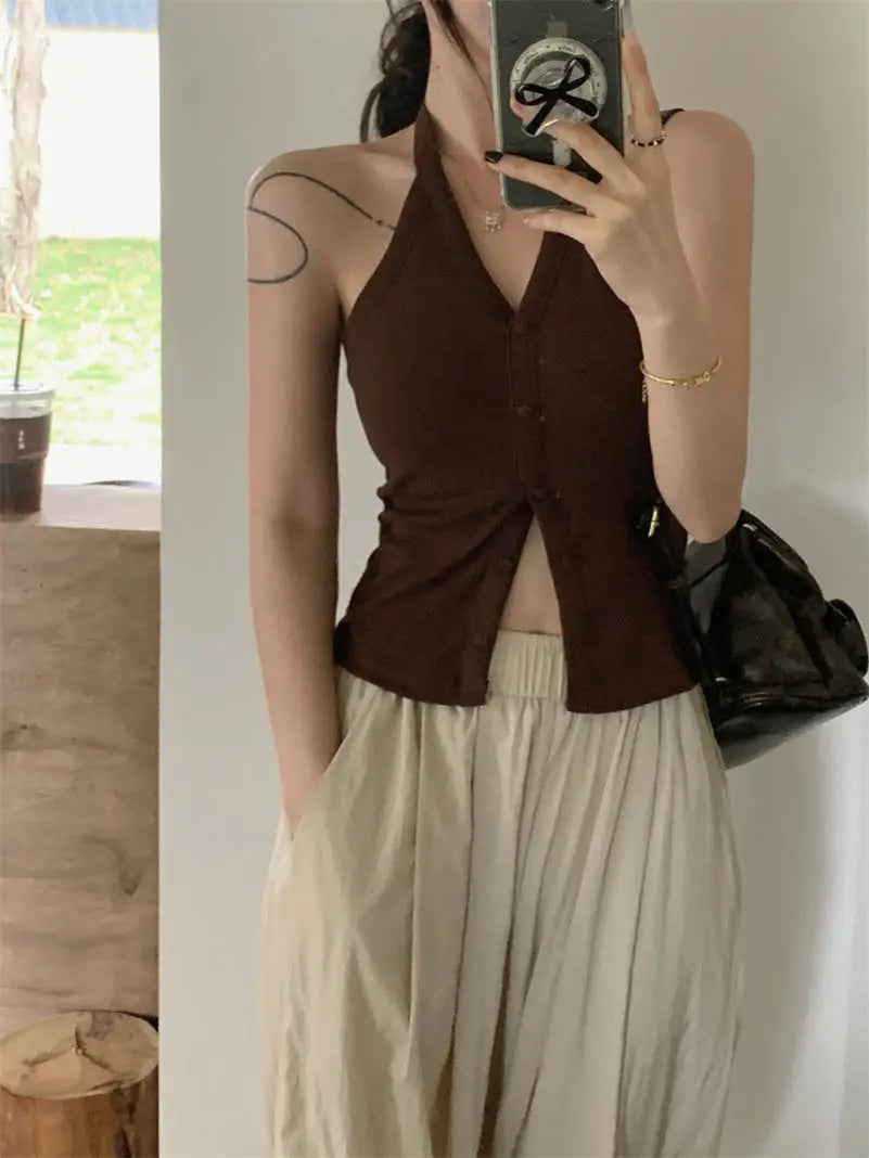 Sexy Spicy Girl Pure Color Design V-Ne Hanging Ne Vest Women's Summer Slim ort Matched with Chest Pad Top