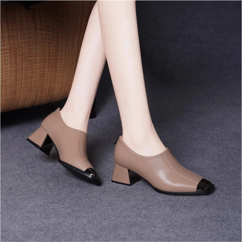 Deep mouth single shoe women's thick heel genuine leather middle heel women's soft leather soft sole square toe leather shoes