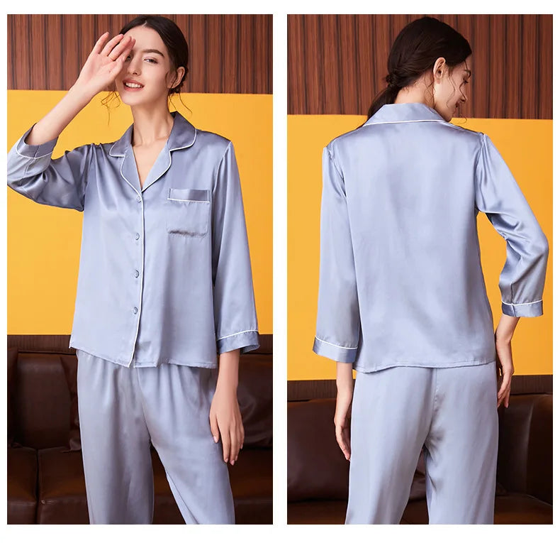 100% Mulberry Silk Pajamas Women Summer Winter Spring Long-sleeved Two-piece Couple Home Service Silk Pajamas For Lady