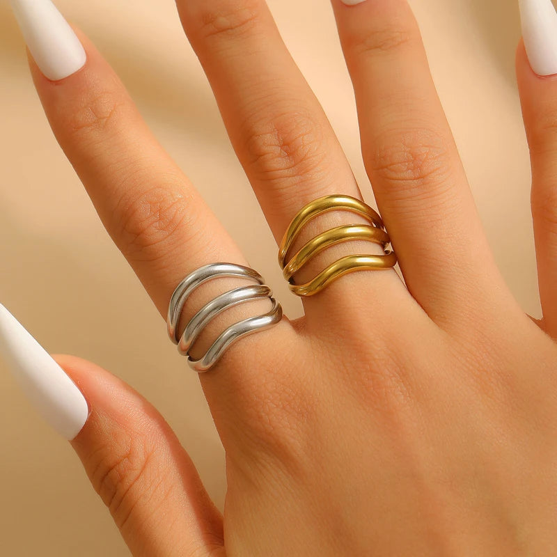 Stainless Steel Multi-Layer Wave Open Bracelet Rings Set for Women Simple Metal Twisted Lines Hand Chain Fashion Banquet Jewelry