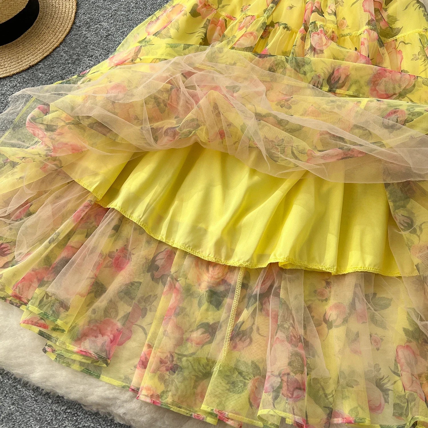 Retro Floral Chiffon Dr Women's Waist Cinched One oulder Bubble Sve Me Skirt Commute Korean Sle High Waist A-Line...