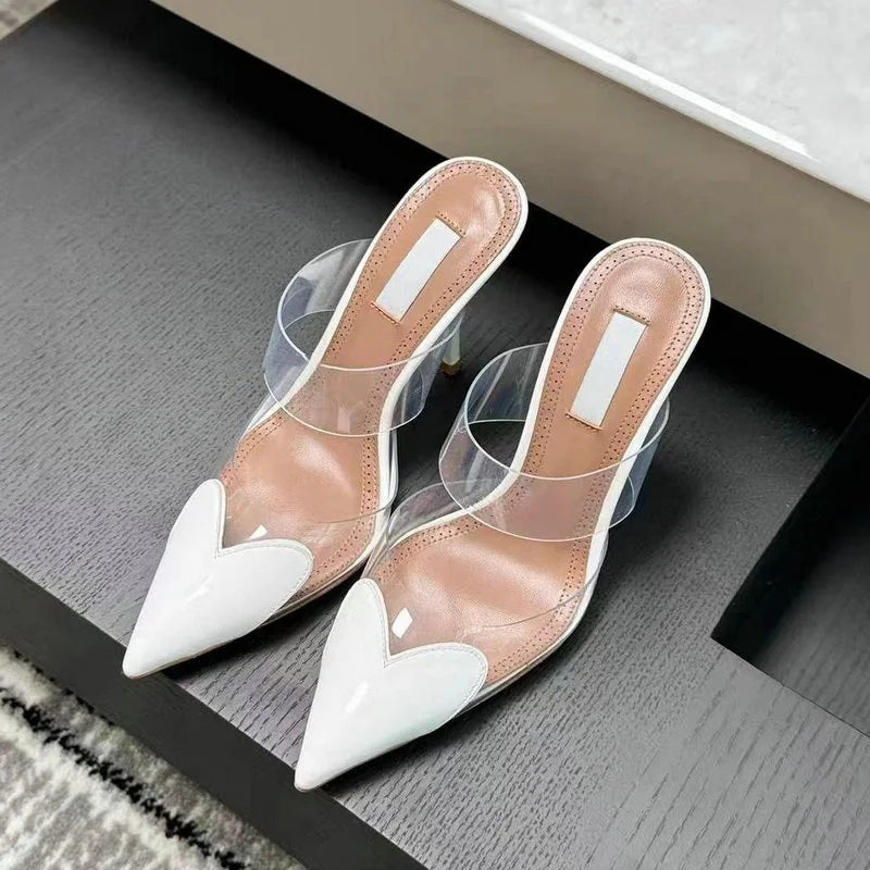 2025 Colorful Heart-Shaped Transparent Sexy Patchwork Color Sandals Women'S Half-Toe Pointed Toe Slippers 6cm/8cm/10cm