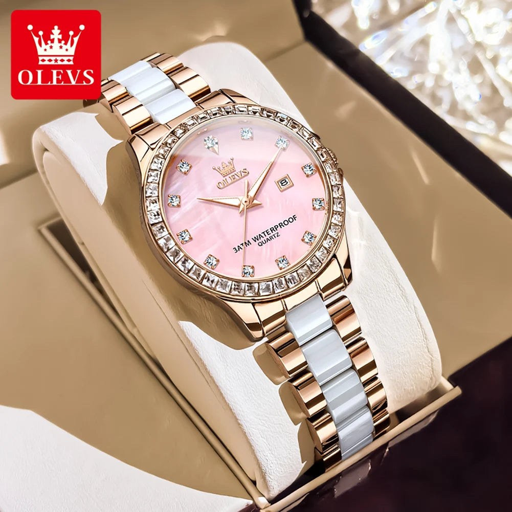 OLEVS New Luxury Ceramic Strap Quartz Watch Women Elegant Diamond Bezel Ladies Wristwatch Waterproof Date Watches Womens Reloj