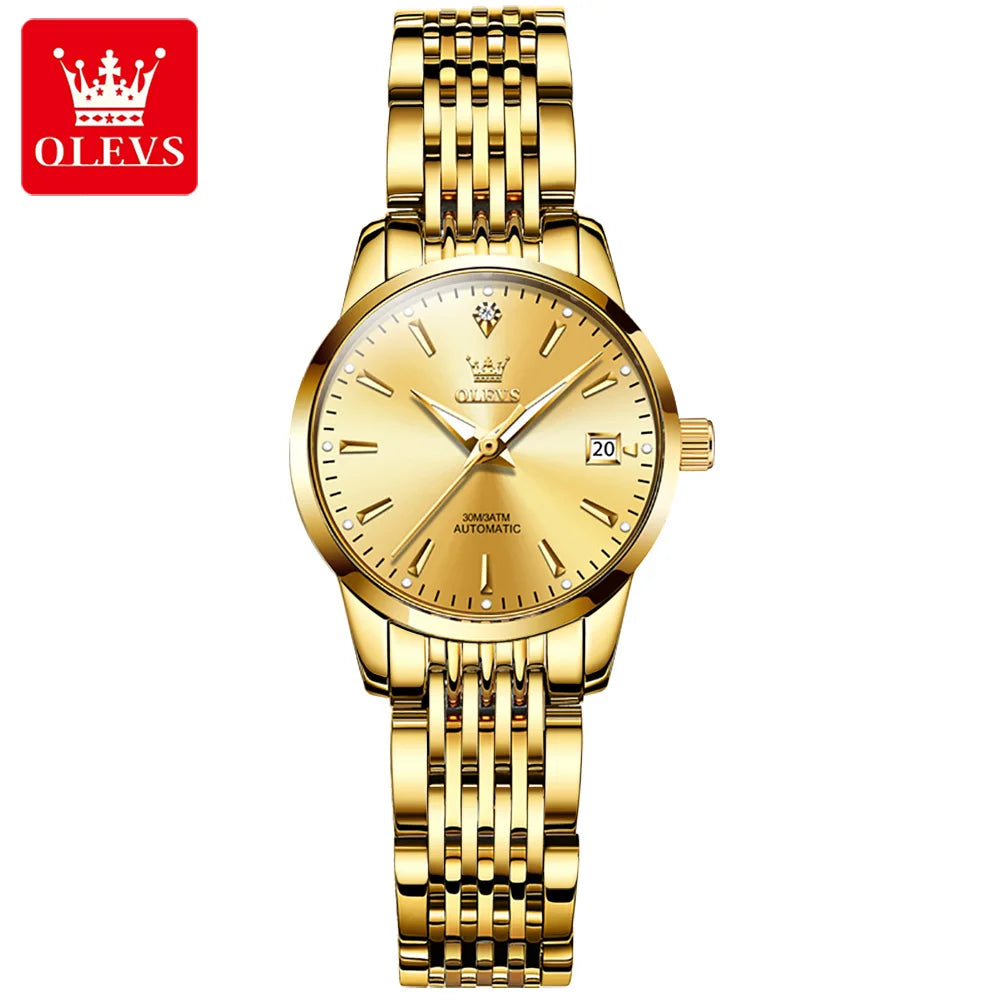 OLEVS 6635 Luxury Brand Ladies Watch Automatic Mechanical Wristwatch Waterproof Stainless Steel Watch For Women Chronograph Date