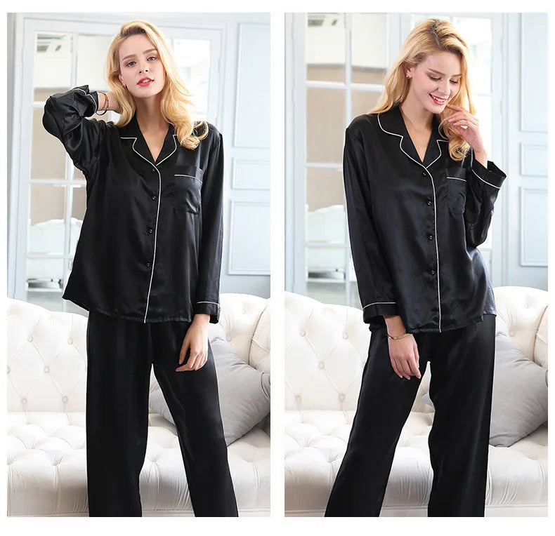 100% Mulberry Silk Pajamas Women Summer Winter Spring Long-sleeved Two-piece Couple Home Service Silk Pajamas For Lady