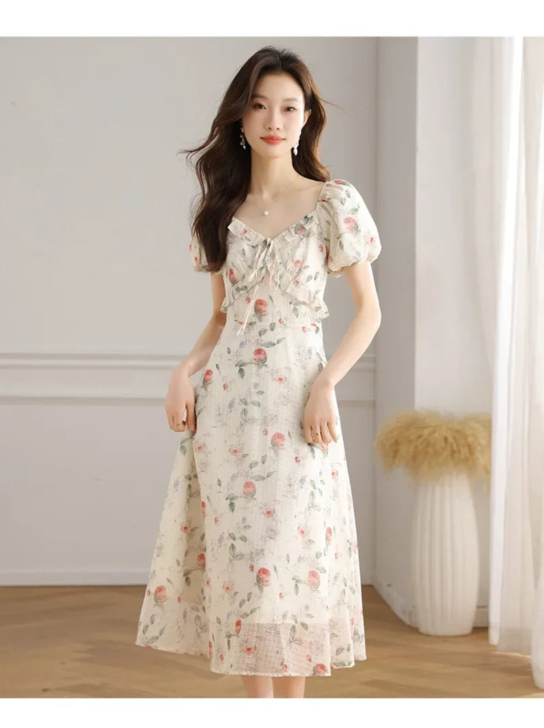 Elegant Summer Dress with Bubble Sleeves And Bellflower Pattern Slimming Empire Waist Knee-Length Polyester Fiber Short Sleeve