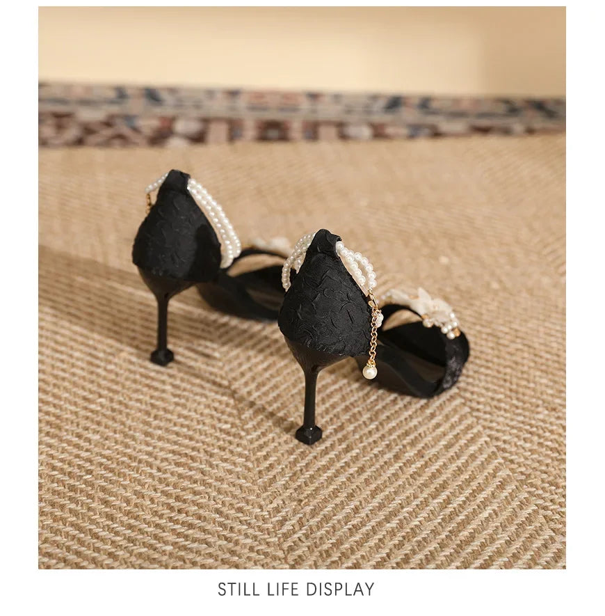 Small Size 31 32 33-43 Women Peep Toe Sandals Wedding Heels Wide Fat Feet Shoes for Women Pearl Flower Bridal Shoes Zaptos Mujer
