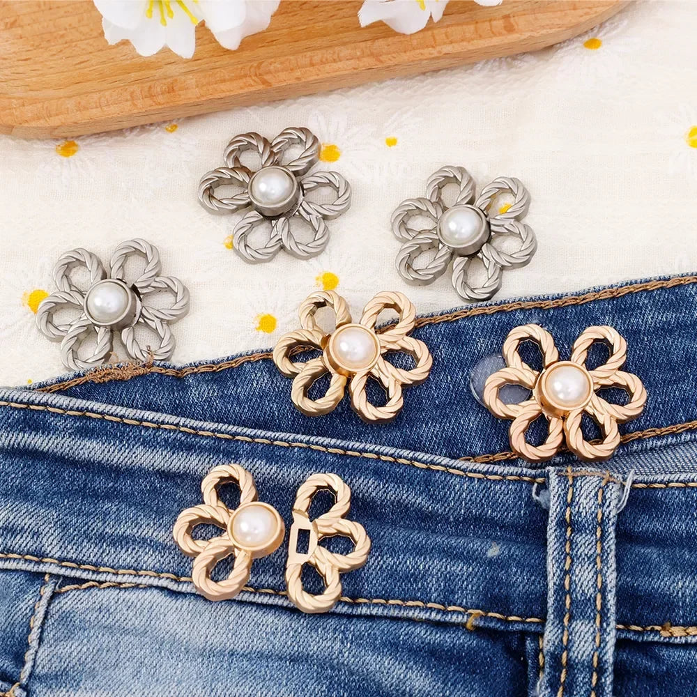 2pairs Waist Metal Flower Adjustable Tighten Invisibility Decoration Couple Buckles Pants Skirts Size Change From Large To Small