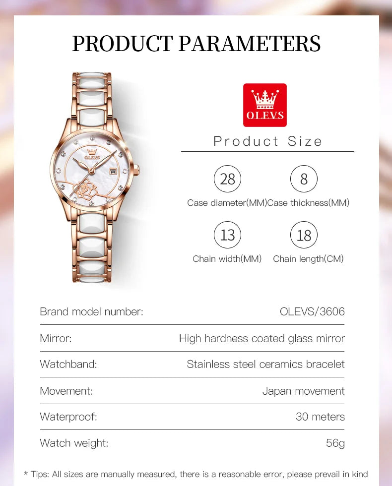 OLEVS 3606 Luxury Women Watch Camellia Quartz Japan Movement 30M Waterproof Watch For Women Ceramics Women Mechanical Watch