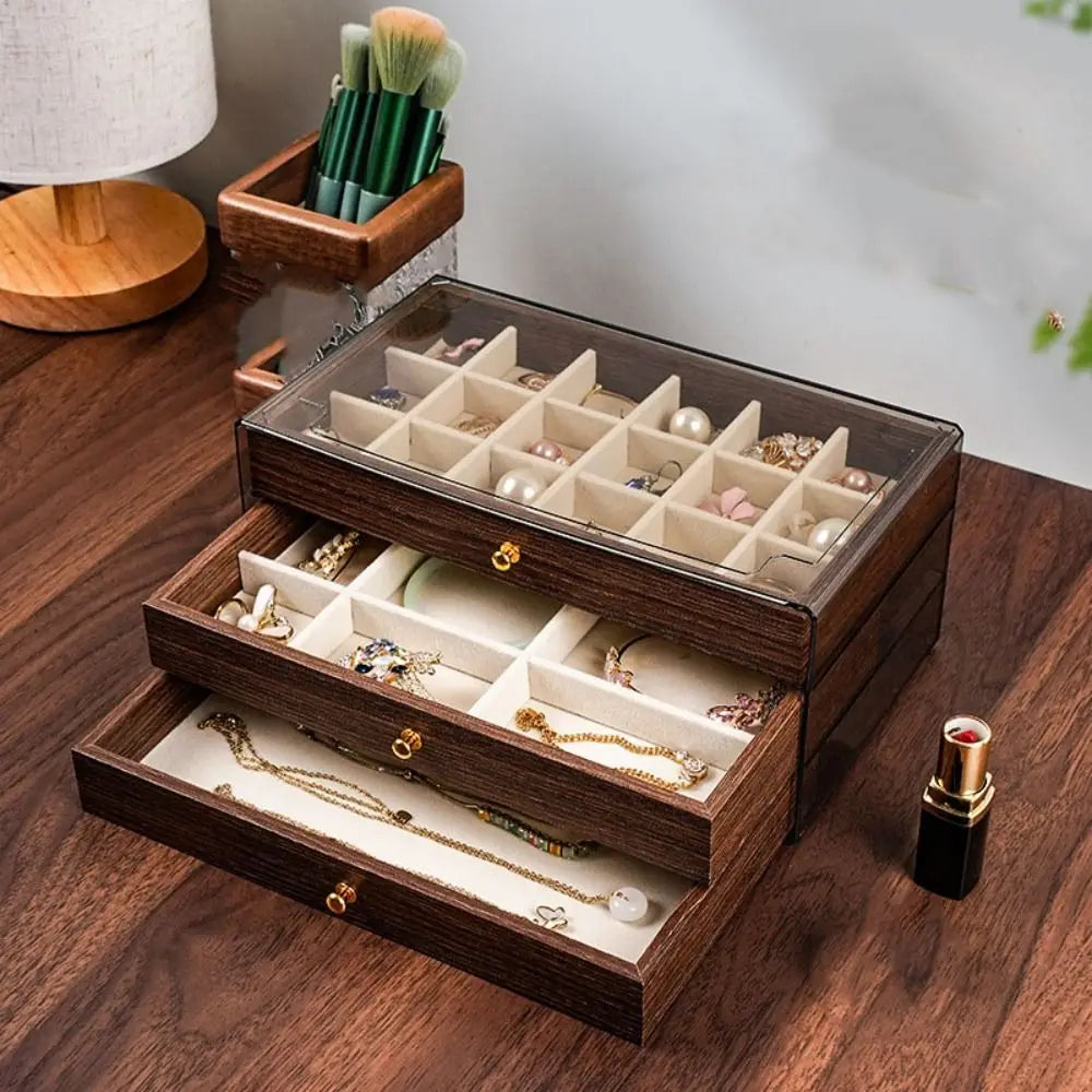 Multi-layer Wooden Jewelry Box Transparent Window Rings Necklace Jewelry Storage Case Organizer Bracelet Earrings