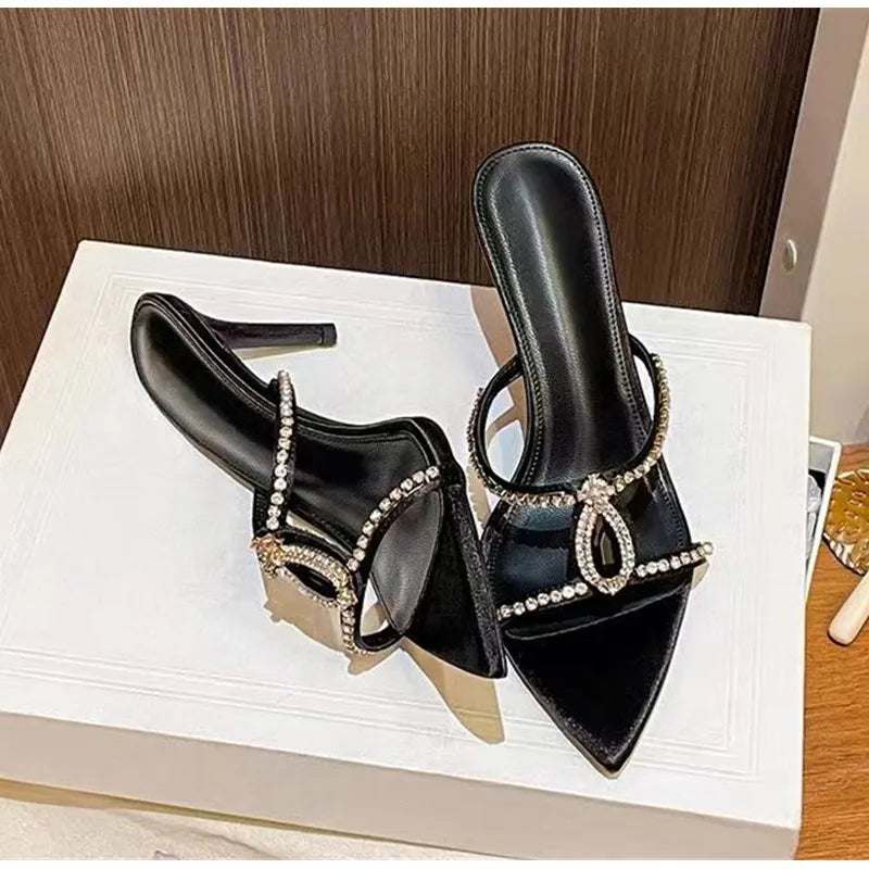 Luxury Rhinestones Gem Women Slippers Sandals Elegant Pointed toe Stiletto High heels Mules Slides Fashion Summer Party Shoes
