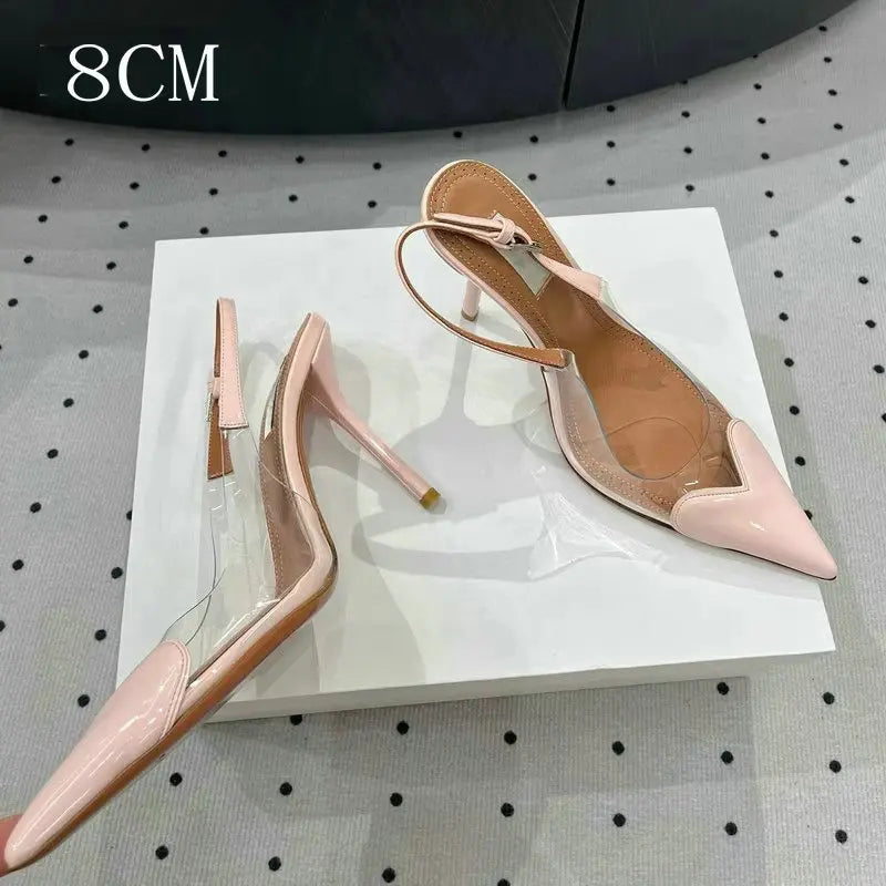 2025 European Summer New Women'S Sandals Pointy Thin Heels High Heels Back Empty Head Transparent Film Fashion Women'S Pumps