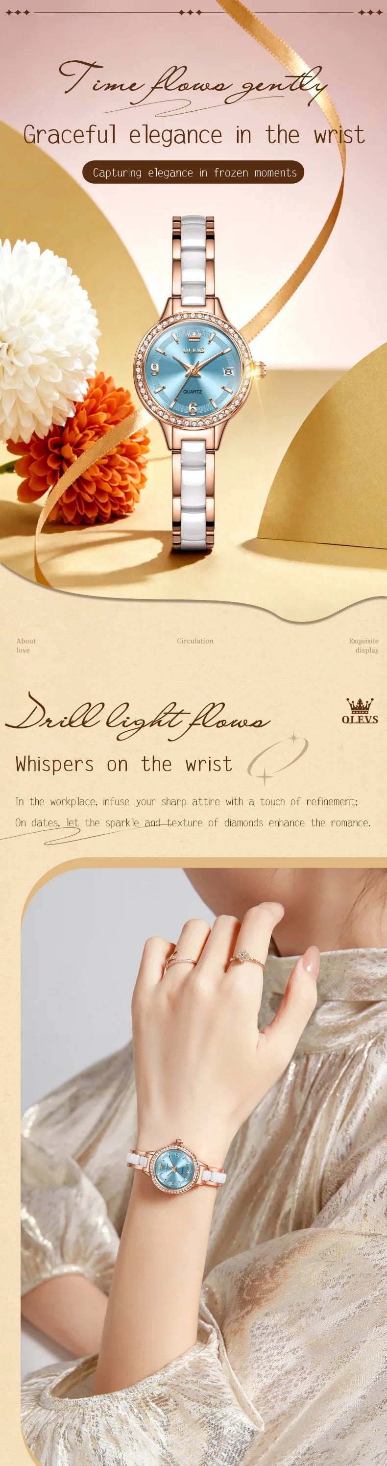 OLEVS Luxury Quartz Watch Women Elegant Ceramics Strap Waterproof Auto Date Luxury Lap Ladies Watches 7093