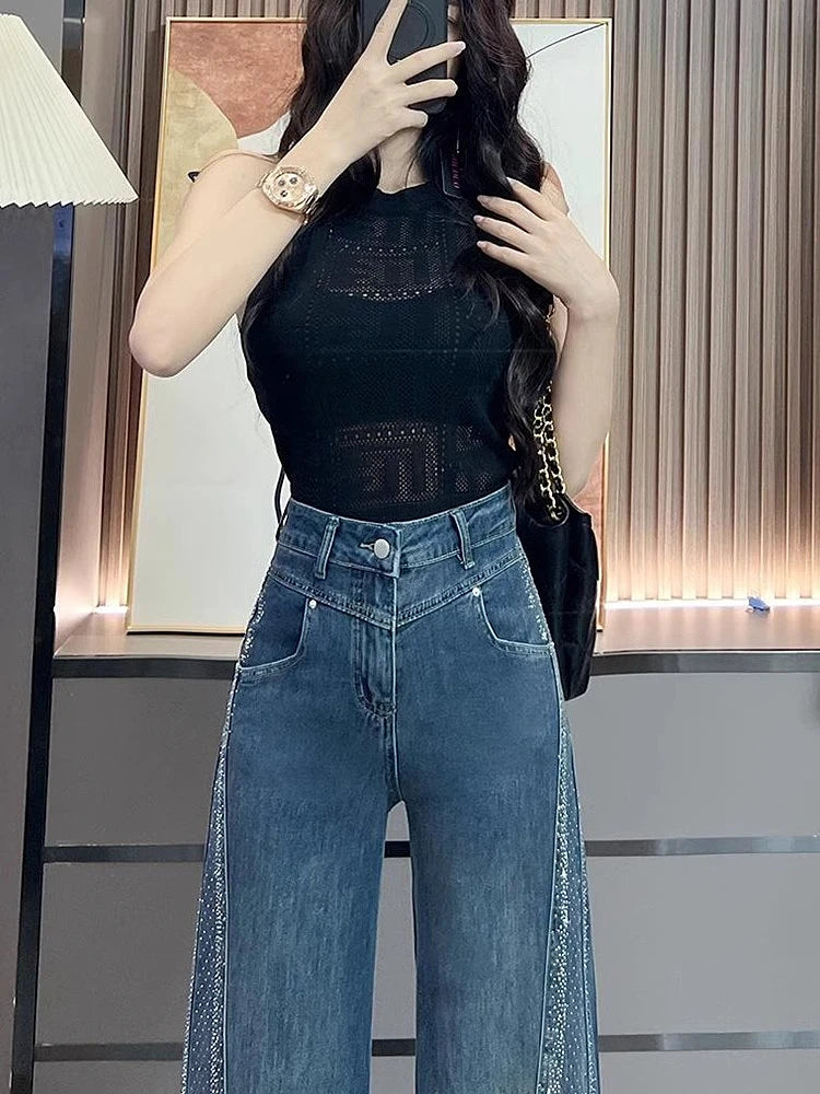 Hot Diamond Jeans For Women Fashion Hot Girls High Waisted Loose Flared Pants Autumn Retro Casual Commuting Wide Leg Trousers