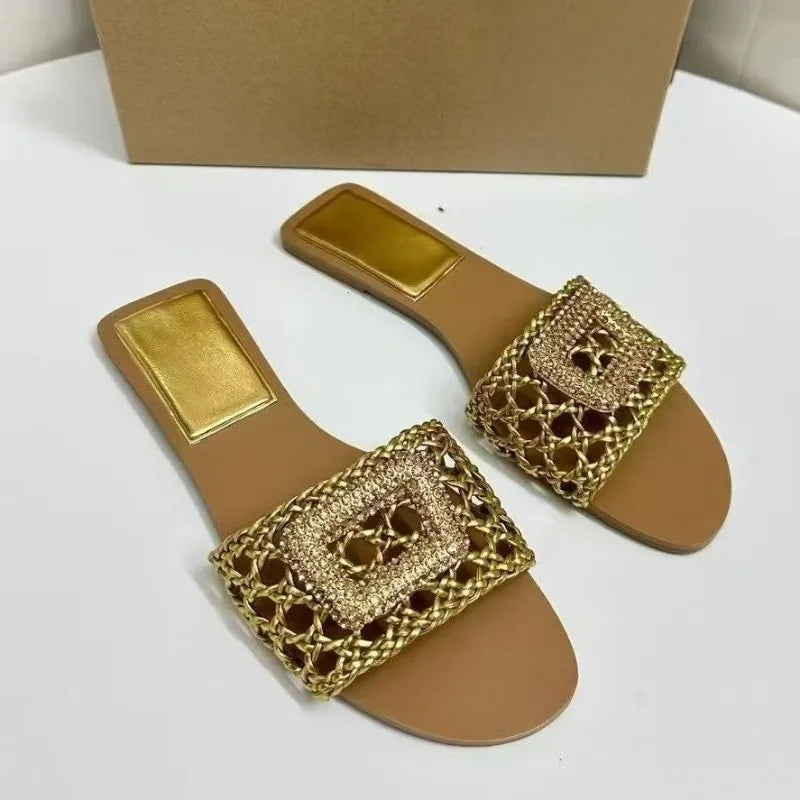 Summer High Quality Gold Woven Flat Sandals for Women Causal Daily Beach Footwear Outdoor Brand Travel Ladies Walking Shoes