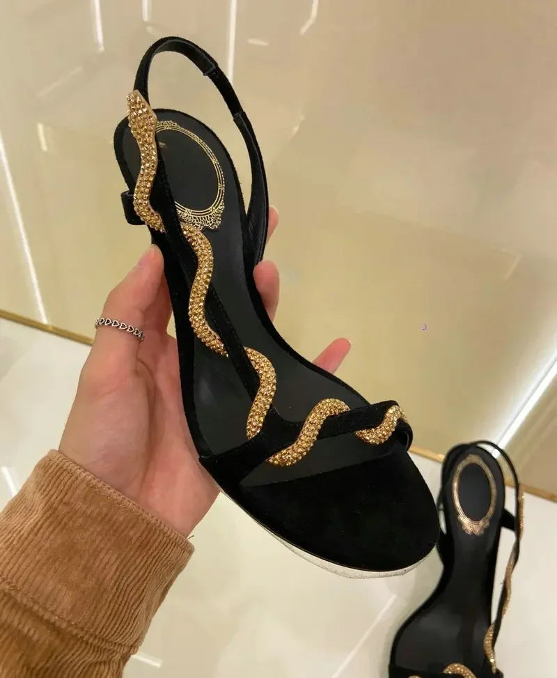 2025 Female New Serpentine Line With Fine Heel French Sandals Female Summer Drill Side Empty Sexy Open-Toed High Heels